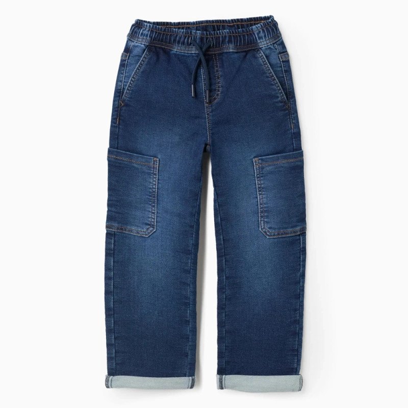 Tamsiai mėlyni džinsai berniukui su kišenėmis