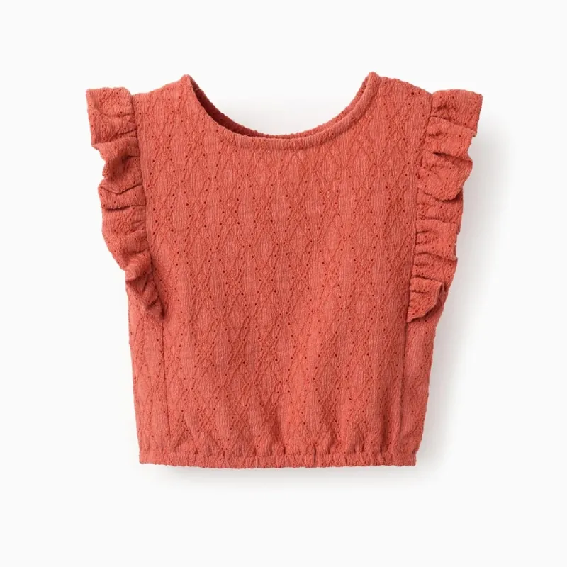 Oranžinė neriniuota palaidinė mergaitei su raukiniais