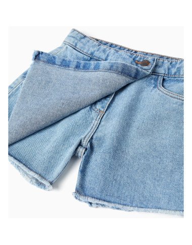 Šviesiai mėlyni džinsiniai šortai-sijonas mergaitei Šviesiai mėlyni džinsiniai šortai-sijonas mergaitei
