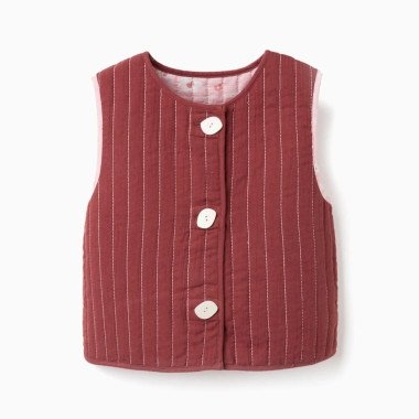 Rausva dvipusė liemenė mergaitei su gėlėmis