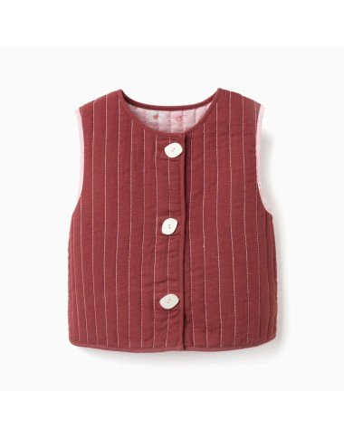 Rausva dvipusė liemenė mergaitei su gėlėmis