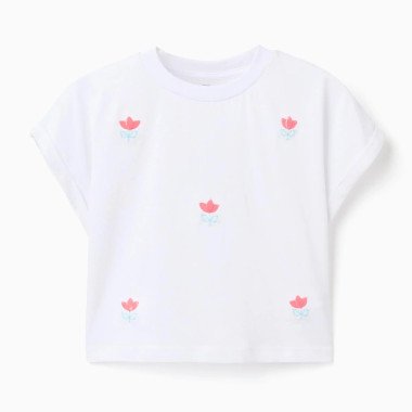 Cropped balts T-krekls ar puķītēm (3/4–13/14 g.)