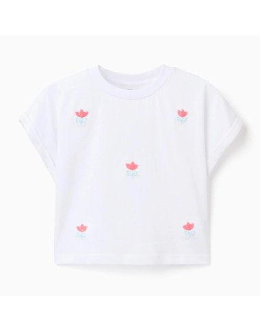 Cropped balts T-krekls ar puķītēm (3/4–13/14 g.)