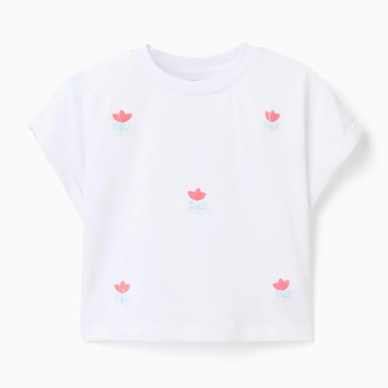 Cropped balti marškinėliai su gėlytėmis (3/4–13/14 m)