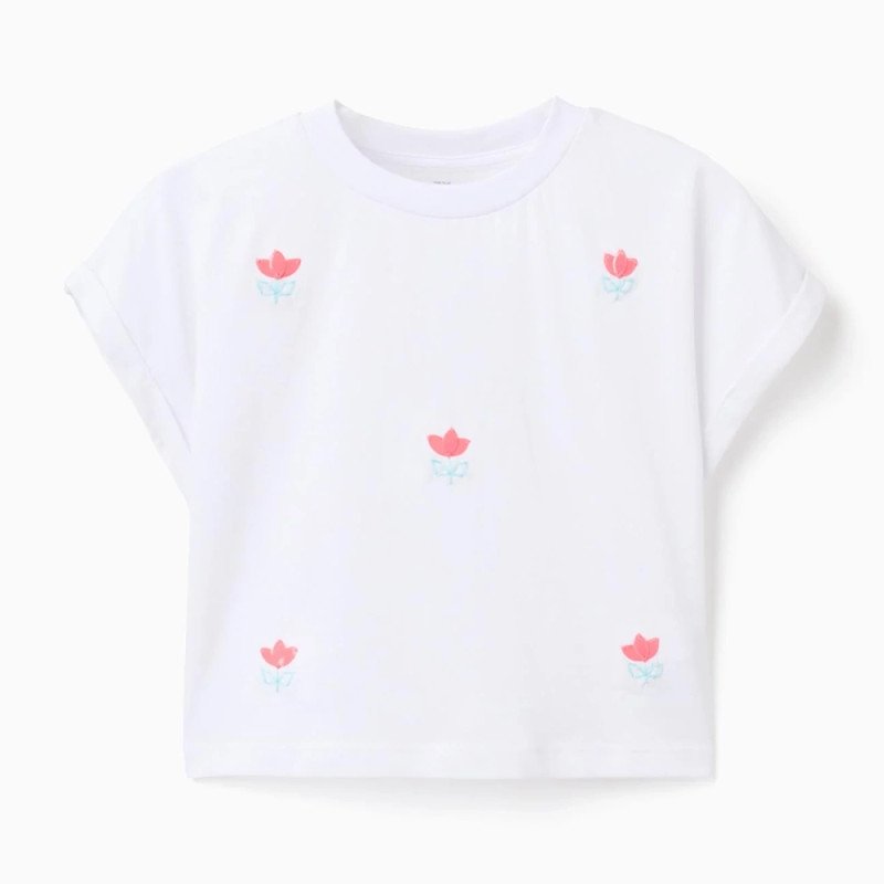 Cropped balts T-krekls ar puķītēm (3/4–13/14 g.)